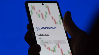 24 Nisan 2024. Değişim ekranındaki Boeing logosu. Boeing fiyat hisseleri, bir cihaza BA dolar..