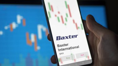 Baxter International on the screen of an exchange. Baxter International price stocks, $BAX on a device.