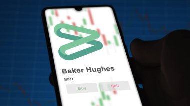 24 Nisan 2024. Takas ekranında Baker Hughes 'un logosu. Baker Hughes hisse senetleri, bir cihazda BKR $.