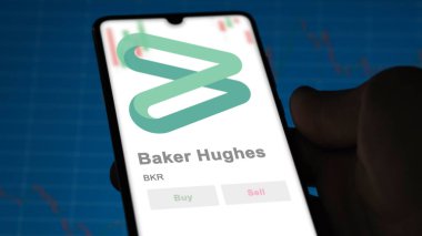 24 Nisan 2024. Takas ekranında Baker Hughes 'un logosu. Baker Hughes hisse senetleri, bir cihazda BKR $.