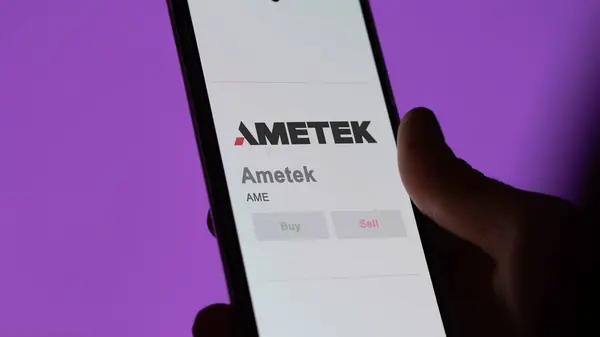 stock image April 04th 2024. The logo of Ametek on the screen of an exchange. Ametek price stocks, $AME on a device.