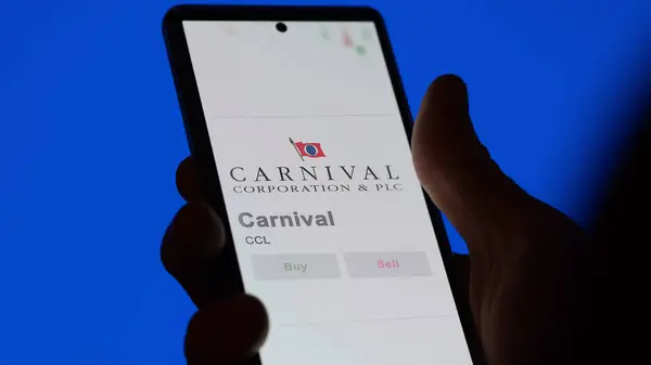 stock image April 04th 2024. The logo of Carnival on the screen of an exchange. Carnival price stocks, $CCL on a device.