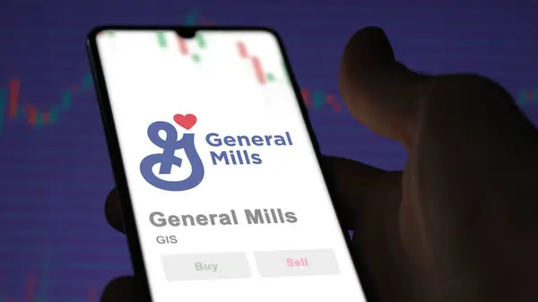 stock image April 04th 2024. The logo of General Mills on the screen of an exchange. General Mills price stocks, $GIS on a device.
