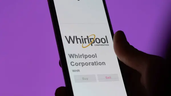 stock image April 04th 2024. The logo of Whirlpool Corporation on the screen of an exchange. Whirlpool Corporation price stocks, $WHR on a device.