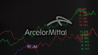 Close up on logo of Arcelor Mittal on the screen of an exchange. ArcelorMittal price stocks, $MT.AS on a device. clipart