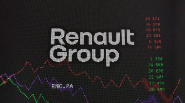 April 13th 2024 , Paris, France. Close up on logo of Renault on the screen of an exchange. Renault price stocks, $RNO.PA on a device. clipart