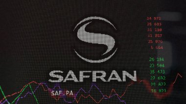 April 13th 2024 , Paris, France. Close up on logo of Safran on the screen of an exchange. Renault price stocks, $SAF.PA on a device. clipart