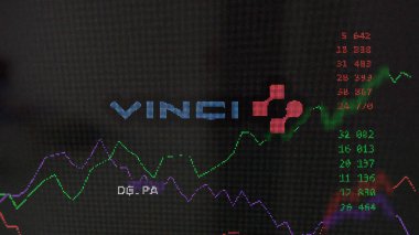 April 13th 2024 , Paris, France. Close up on logo of Vinci on the screen of an exchange. Vinci price stocks, $DG.PA on a device. clipart