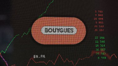 April 13th 2024 , Paris, France. Close up on logo of Bouygues on the screen of an exchange. Bouygues price stocks, $EN.PA on a device. clipart