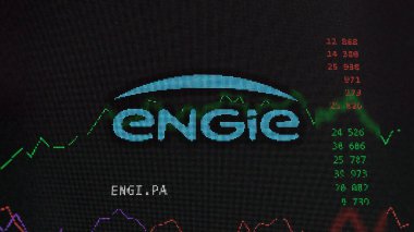 April 13th 2024 , Paris, France. Close up on logo of Engie on the screen of an exchange. Engie price stocks, $ENGI.PA on a device. clipart