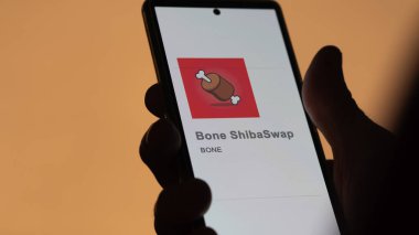 17 Nisan 2024, Şangay, Çin. Değiş tokuş ekranındaki (Bone) ShibaSwap logosuna yaklaş. (Kemik Kemiği) ShibaSwap hisse senetleri, bir cihaza $Bone.