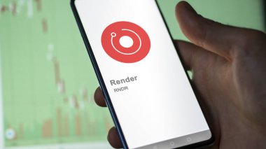 17 Nisan 2024, Şangay, Çin. Değiş tokuş ekranındaki (RNDR) render logosuna yaklaş. Fiyat hisselerini ve RNDR 'ı bir cihaza yükle.