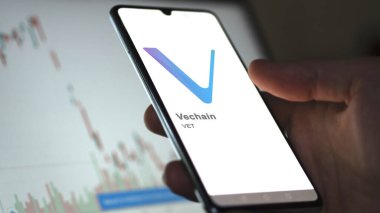 17 Nisan 2024, Şangay, Çin. Vechain (VET) logosuna yakın çekim bir takas ekranında. Vechain Fiyat Hisseleri, Veteriner Doları.