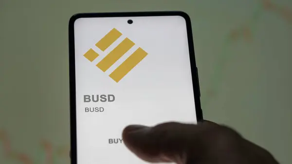 stock image April 17th 2024 , Shanghai, China. Close up on logo of (BUSD) BUSD on the screen of an exchange. (BUSD) BUSD price stocks, $BUSD on a device.