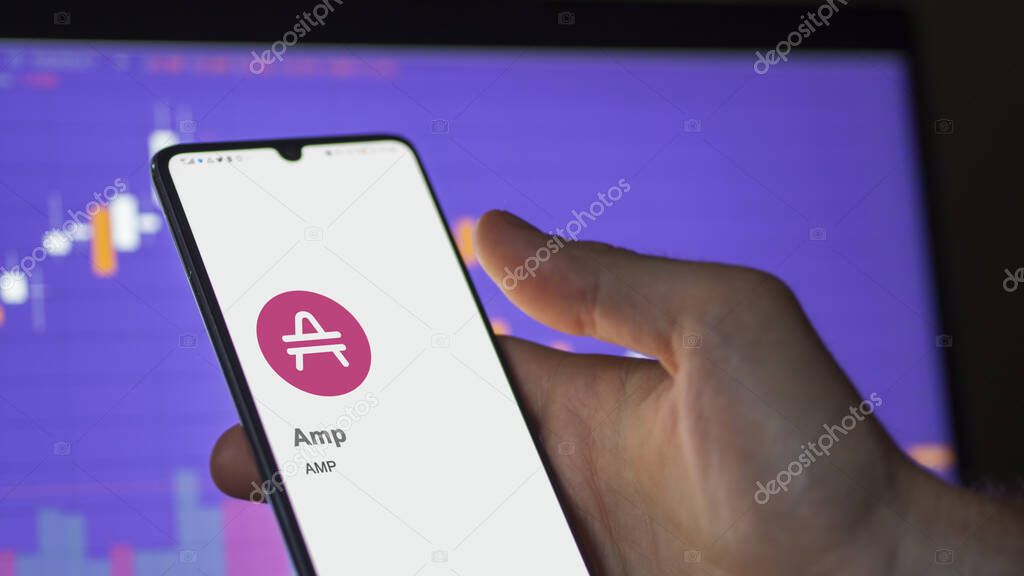April 17th 2024 , Shanghai, China. Close up on logo of (AMP) Amp on the screen of an exchange. (AMP) Amp price stocks, $AMP on a device.