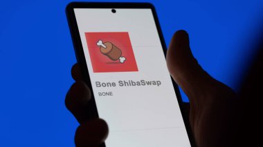 20 Nisan 2024, Şangay, Çin. Değiş tokuş ekranındaki (Bone) ShibaSwap logosuna yaklaş. (Kemik Kemiği) ShibaSwap hisse senetleri, bir cihaza $Bone.