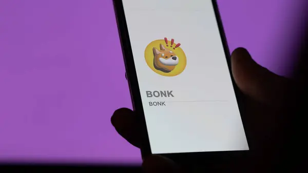 stock image April 20th 2024 , Shanghai, China. Close up on logo of (BONK) BONK on the screen of an exchange. (BONK) BONK price stocks, $BONK on a device.