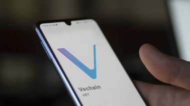 20 Nisan 2024, Şangay, Çin. Vechain (VET) logosuna yakın çekim bir takas ekranında. Vechain Fiyat Hisseleri, Veteriner Doları.