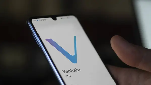 stock image April 20th 2024 , Shanghai, China. Close up on logo of (VET) Vechain on the screen of an exchange. (VET) Vechain price stocks, $VET on a device.