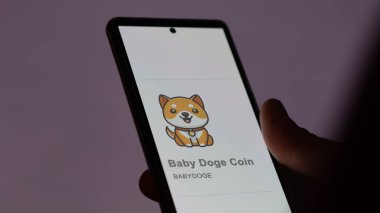Bebek Doge Coin 'in logosuna yakın çekim bir değiş tokuş ekranında. Bebek Doge madeni para fiyatları hisse senetleri, bir cihazda $Bebekdoge..