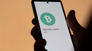 Değiş tokuş ekranında Bitcoin parasının logosuna yaklaş. Bitcoin hisse senetleri, bir cihazda $BCH.