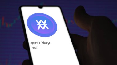 Değiş tokuş ekranındaki kablosuz ağ haritasının logosuna yaklaş. (WIFI) WiFi Harita fiyatları hisse senetleri, bir cihazda kablosuz bağlantı.