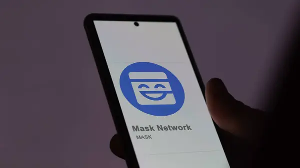 Bir Değiş Tokuş Ekranında Mask Maske Ağı Nın Logosunu Kapat — Stok fotoğraf