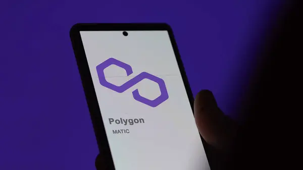 Närbild Logotypen För Matic Polygon Skärmen För Ett Utbyte Polygonprislager — Stockfoto