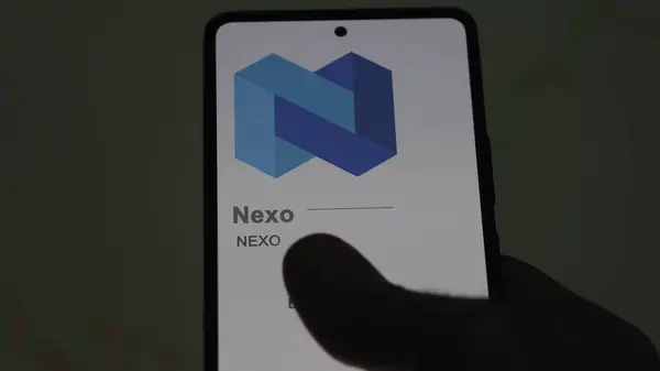 Tutup Pada Logo Nexo Nexo Pada Layar Pertukaran Nexo Saham — Stok Foto