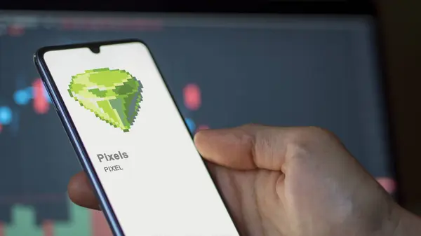 Bir Takas Ekranındaki Pixel Piksellerin Logosuna Yaklaş Piksel Fiyatları Hisse — Stok fotoğraf