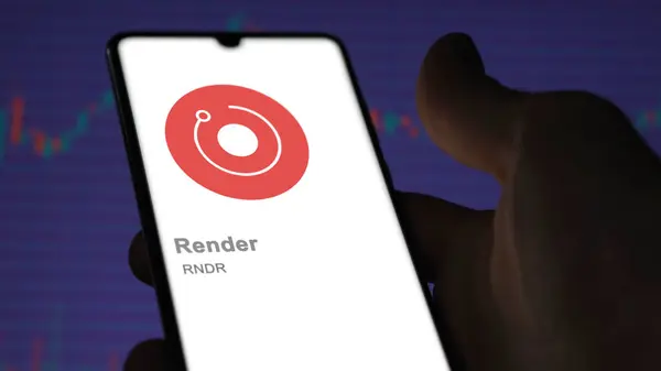 Zbliżenie Logo Rndr Render Ekranie Wymiany Rndr Render Akcji Cen — Zdjęcie stockowe