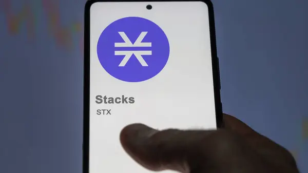 Aproape Logo Stx Stacks Ecranul Unui Schimb Stx Stocuri Prețuri — Fotografie, imagine de stoc