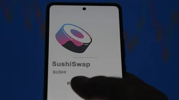 Close Logo Sushi Sushiswap Screen Exchange Sushi Sushiswap Price Stocks — Stock Photo, Image