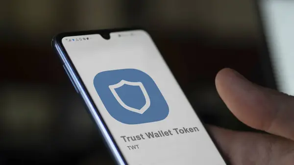 Close Logo Twt Trust Wallet Token Screen Exchange Twt Trust — Stock Photo, Image