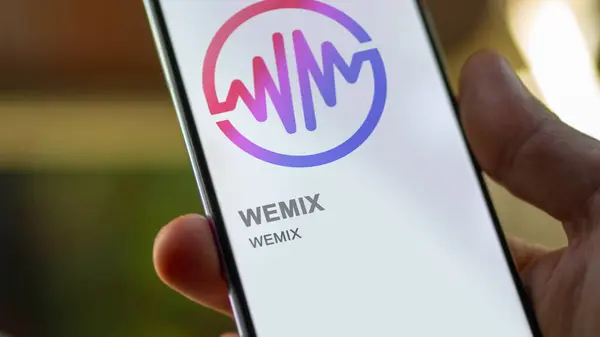 Aproape Logo Wemix Wemix Wemix Ecranul Unui Schimb Wemix Acțiuni — Fotografie, imagine de stoc
