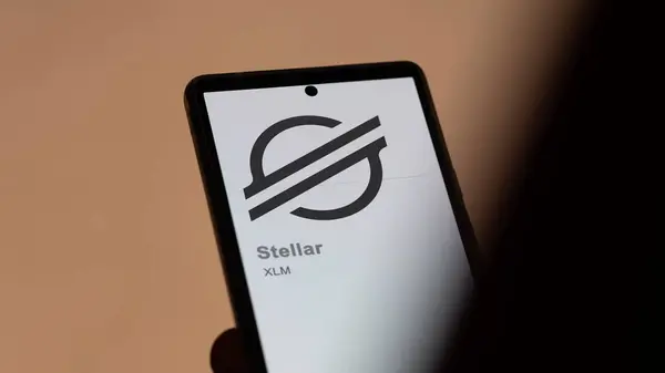 Aproape Logo Xlm Stellar Ecranul Unui Schimb Xlm Stocuri Prețuri — Fotografie, imagine de stoc