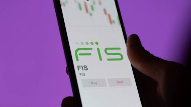 29 Nisan 2024, Jacksonville, Florida. Değiş tokuş ekranındaki FIS logosuna yaklaş. FIS hisse senetleri, cihazdaki FIS $.