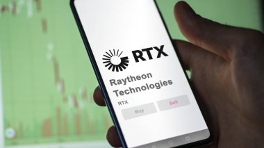 April 09th 2024 , Waltham, Massachusetts. Close up on logo of Raytheon Technologies on the screen of an exchange. Raytheon Technologies price stocks, $RTX on a device. clipart