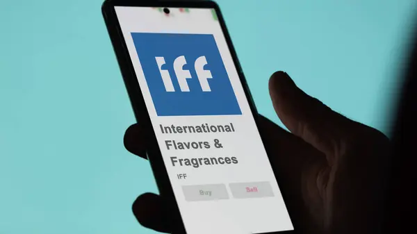 stock image April 09th 2024 , New York City, New York. Close up on logo of International Flavors & Fragrances on the screen of an exchange. International Flavors & Fragrances price stocks, $IFF on a device.