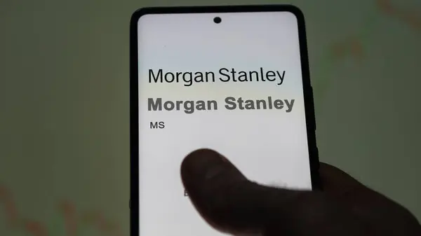 stock image April 09th 2024 , New York City, New York. Close up on logo of Morgan Stanley on the screen of an exchange. Morgan Stanley price stocks, $MS on a device.