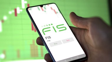 29 Nisan 2024, Jacksonville, Florida. Değiş tokuş ekranındaki FIS logosuna yaklaş. FIS hisse senetleri, cihazdaki FIS $.