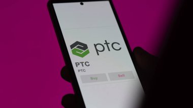 April 09th 2024 , Boston, Massachusetts. Close up on logo of PTC on the screen of an exchange. PTC price stocks, $PTC on a device. clipart