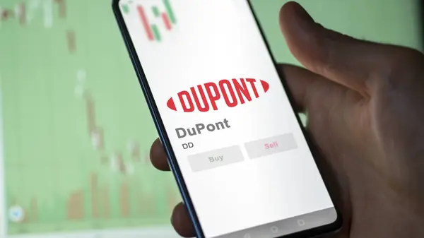 stock image April 09th 2024 , Wilmington, Delaware. Close up on logo of DuPont on the screen of an exchange. DuPont price stocks, $DD on a device.