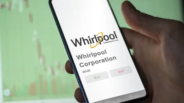 stock image April 09th 2024 , Benton Harbor, Michigan. Close up on logo of Whirlpool Corporation on the screen of an exchange. Whirlpool Corporation price stocks, $WHR on a device.