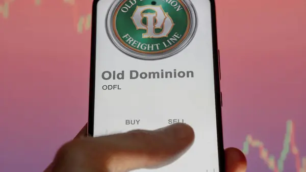 stock image April 09th 2024 , Thomasville, North Carolina. Close up on logo of Old Dominion on the screen of an exchange. Old Dominion price stocks, $ODFL on a device.