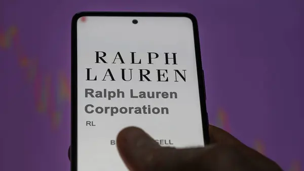 stock image April 09th 2024 , New York City, New York. Close up on logo of Ralph Lauren Corporation on the screen of an exchange. Ralph Lauren Corporation price stocks, $RL on a device.