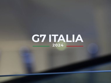 May 23th 2024, Fasano, Logo of G7 Italia on a hotel window. clipart