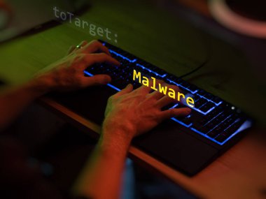 Siber saldırı, ön plandaki kötü amaçlı yazılım. Klavyedeki isimsiz bir hacker 'ın elleri. Gayri resmi sistem tarzında incinebilirlik metni, düzenleyici ekranında kod. İngilizce metin, İngilizce metin