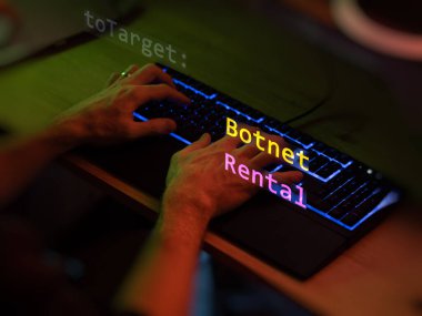 Siber saldırı botnet kiralama metni ön planda. Klavyedeki isimsiz bir hacker 'ın elleri. Gayri resmi sistem tarzında incinebilirlik metni, düzenleyici ekranında kod. İngilizce metin, İngilizce metin