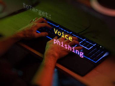 Siber saldırı sesi, ön plandaki sahte mesaj, klavyedeki isimsiz bir hacker 'ın elleri. Gayri resmi sistem tarzında incinebilirlik metni, düzenleyici ekranında kod. İngilizce metin, İngilizce metin